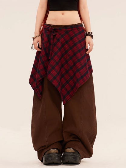 Rise Vintage Grau/Braun Dunkel mit Plaid Taille Zubehör Weite Bein Hosen Niedrigen