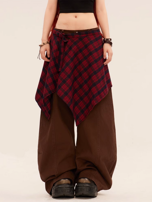 Rise Vintage Grau/Braun Dunkel mit Plaid Taille Zubehör Weite Bein Hosen Niedrigen
