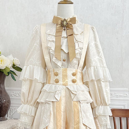 Champagne High Waist Striped Ouji Lolita Overall Shorts with Cascading Ruffle Train