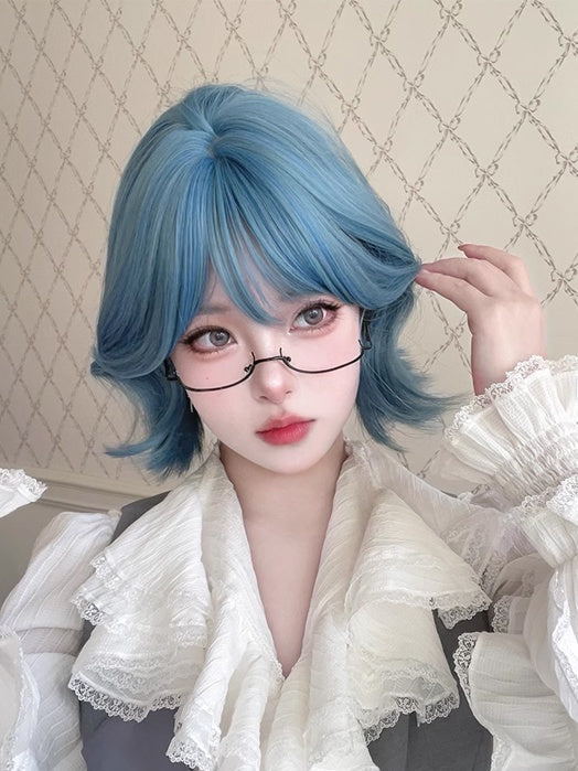 Blue 29CM Short Wig With Air Bangs