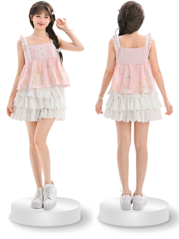 Flutter Sleeves Cartoon Bear Print Sleeveless Top Sweet Pink