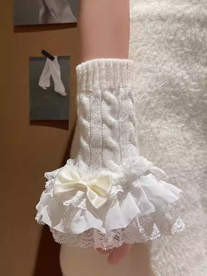 White Bow Layered Lace Cuff Knitted Wrist Cuffs