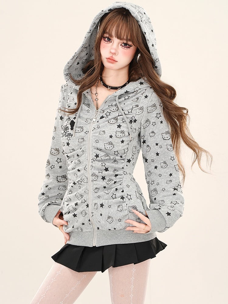 Grey/Apricot Kitty Allover Ruched Design Zip Hoodie
