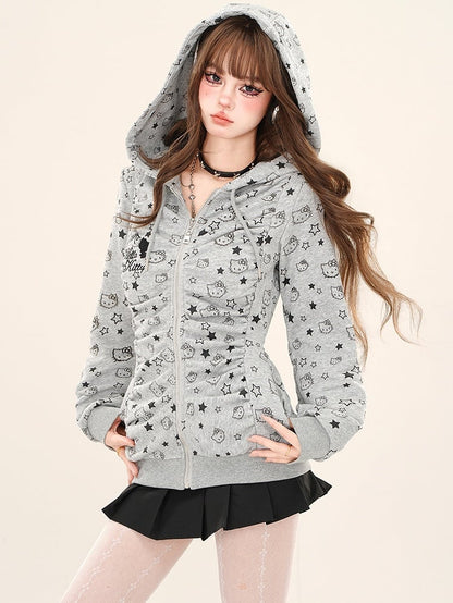 Grey/Apricot Kitty Allover Ruched Design Zip Hoodie