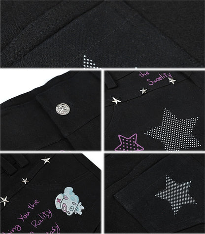 Black Low-Rise Star Studs Graffiti Print Shorts