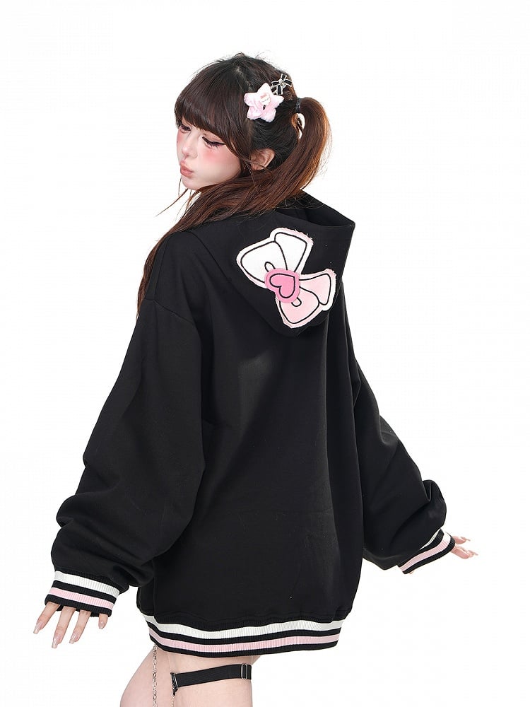 Apricot/Black Kitty Embroidery Oversized Zip Closure Hoodie