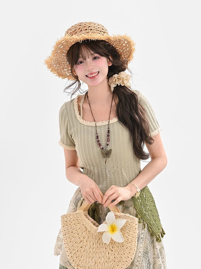 Hellgrüner Mori Neck Lace Kei Rundhalsausschnitt T-Shirt Neckholder