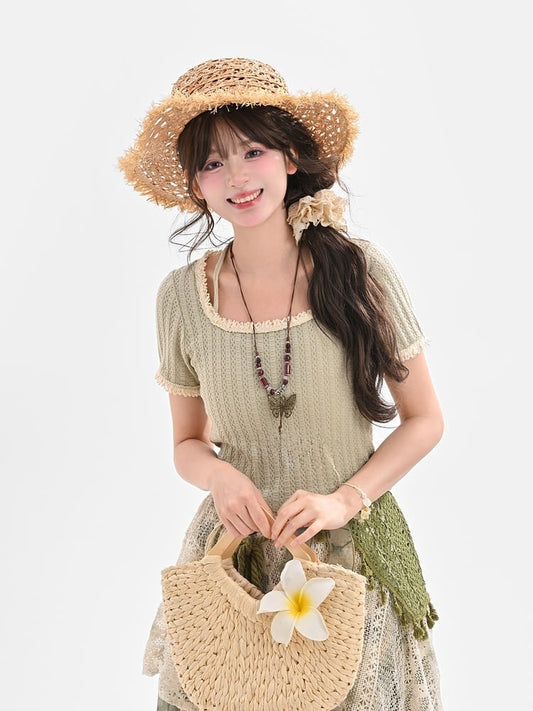 Hellgrüner Mori Neck Lace Kei Rundhalsausschnitt T-Shirt Neckholder