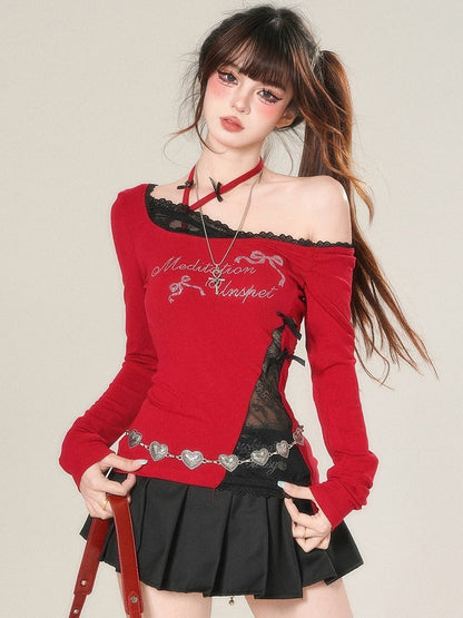 Und Ärmeln Brief Top Lange Strass Verziert Bowknot Glamourös Rot/Schwarz