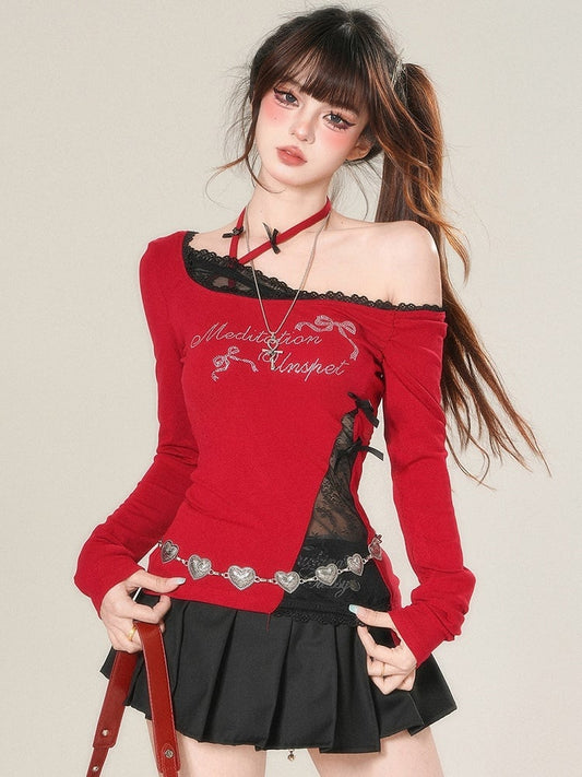 Und Ärmeln Brief Top Lange Strass Verziert Bowknot Glamourös Rot/Schwarz