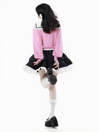 Pink Lace-up Details Front Heart Button Placket Summer Knit Cardigan