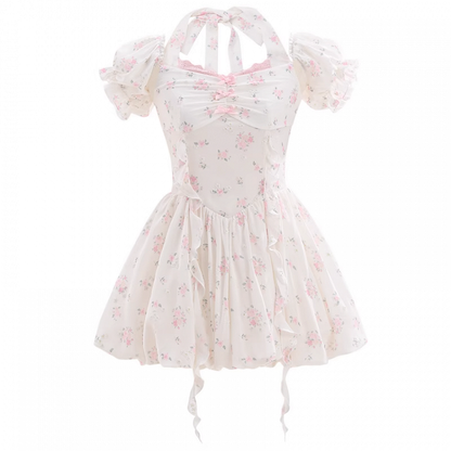 Waist Sweet White Puff Sleeves Basque Halter Neck Floral Dress
