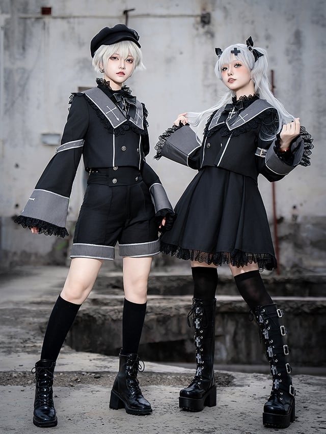 Black Sleeves Dress Long Lolita Kei-inspired Gray Jirai and