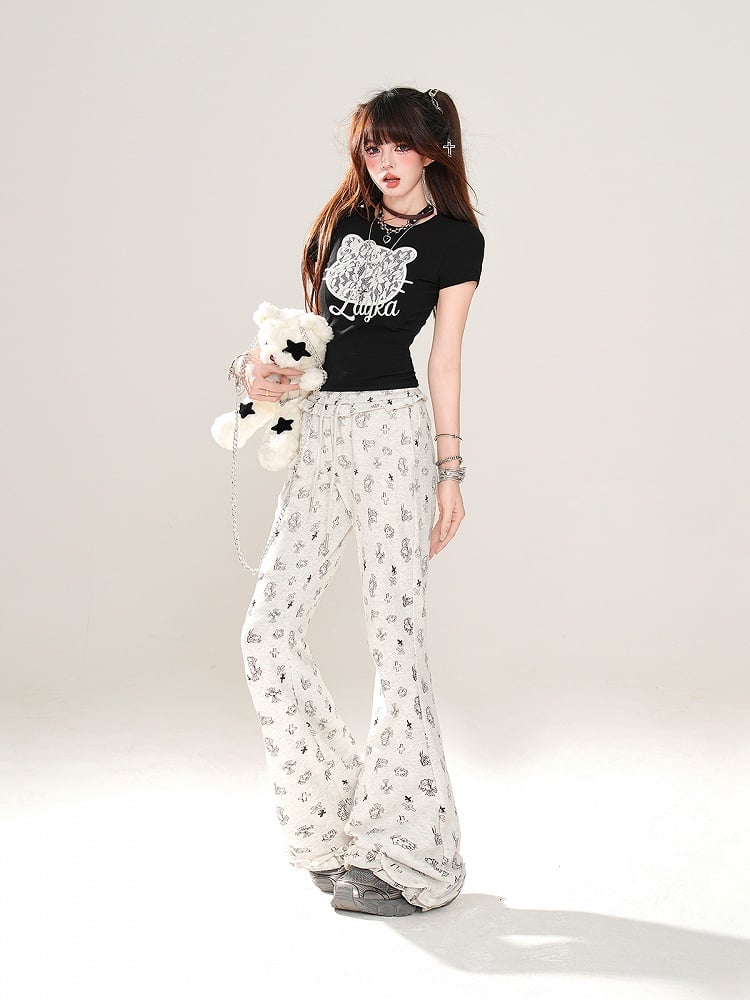 Black/White Lace Kitty Embroidery Glamorous T-Shirt Cropped