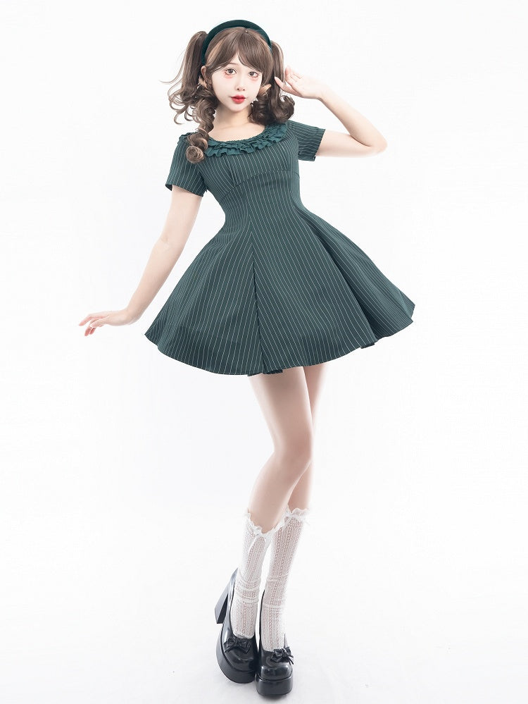 Ensemble complet robe lolita à rayures vertes Serpentard + gilet + haut court