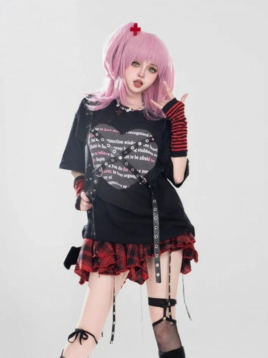 Straps + With Metal Grey Print Black Pleated Punk Top Red Buckle Heart Skirt Plaid