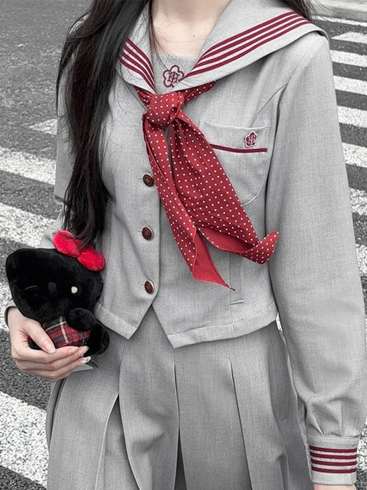 Sleeves Gray Long Blouse Sailor JK Embroidery Collar Uniform Floral