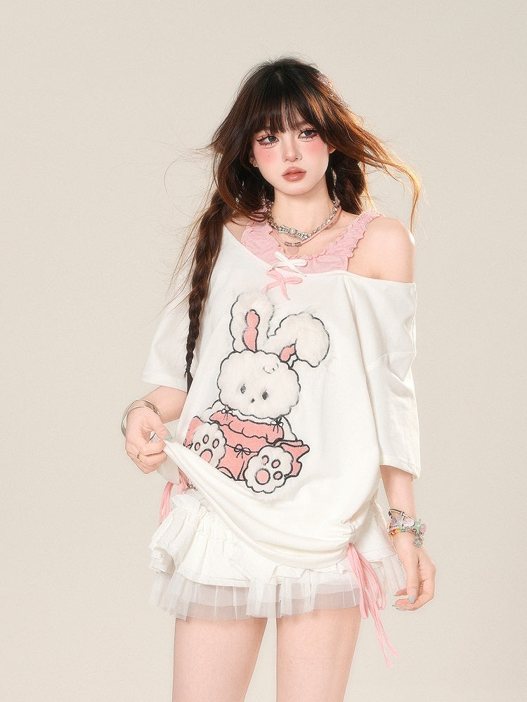 T-Shirt Pattern Adorable Cutout Shoulder Drawstring Waist Bunny White Loose
