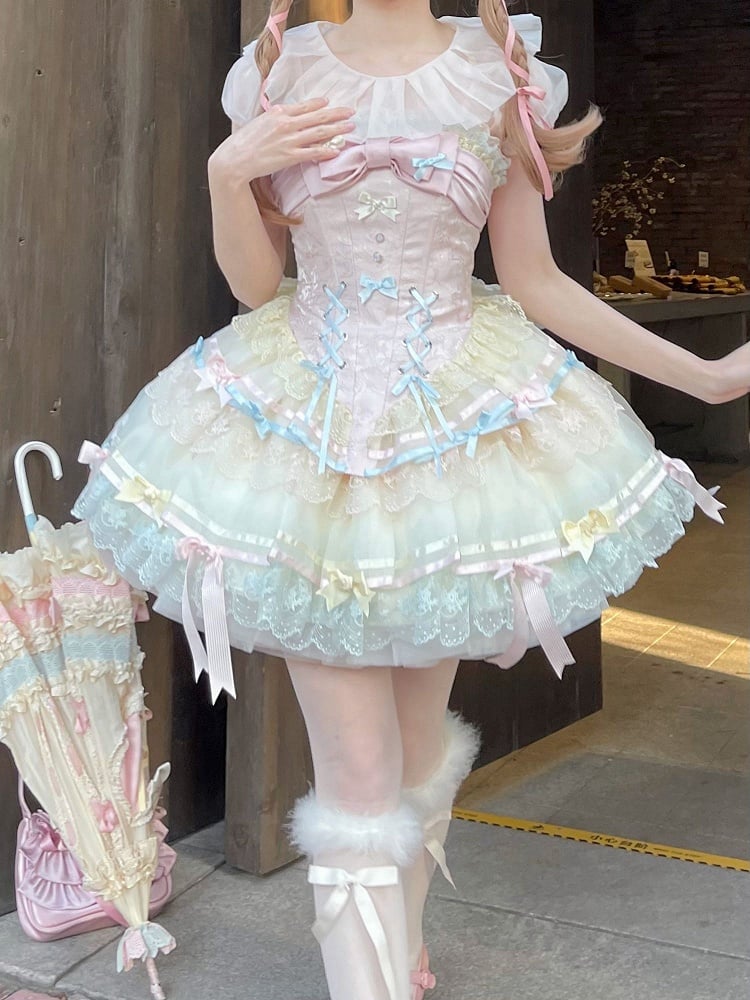 Dress Accents Corset Boned Straps Rainbow Lolita Skirt Bow Thin Jumper Shoulder Pastel