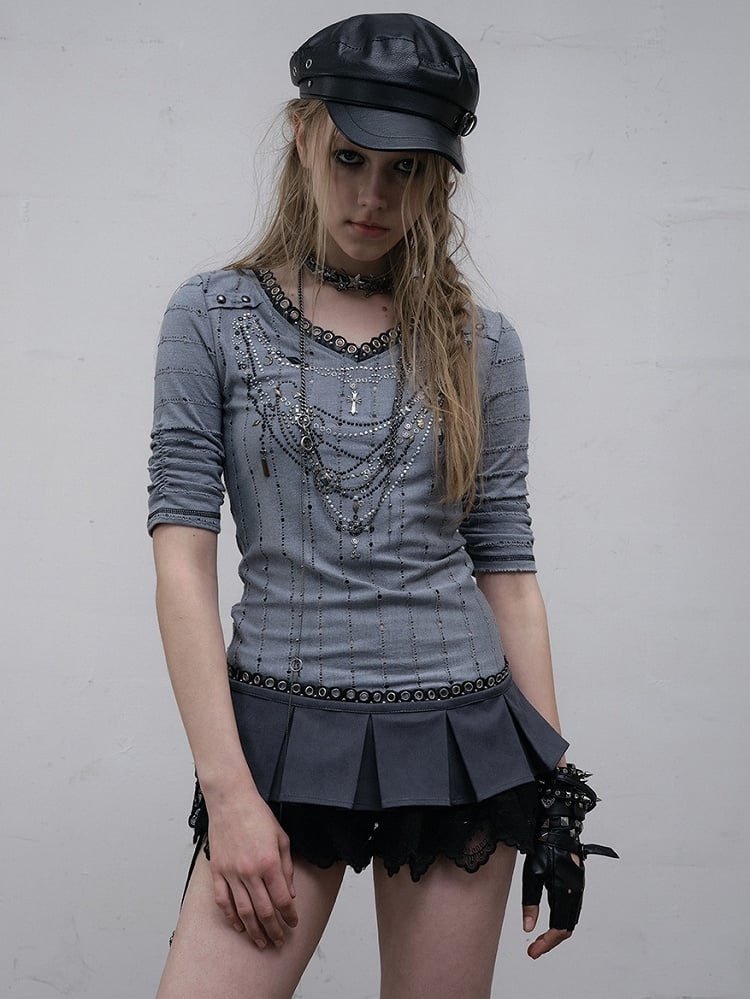Pattern Long V-neck Rhinestone Striped Pink/Blue Sleeves Punk Design Top Necklace Wasteland