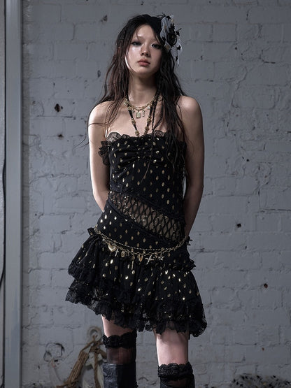 Beige/Black Neck Waist Polka-dot Vintage Halter Lace Patches