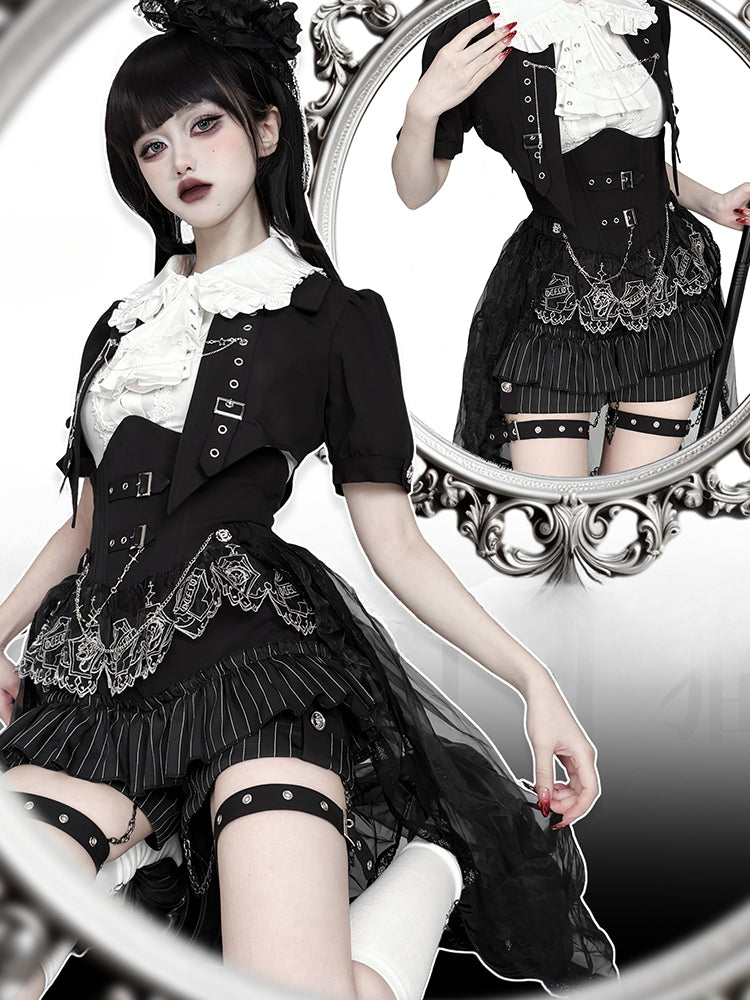 Schwarz-weißes Prince Ouji Lolita-Outfit – weißes ärmelloses Hemd + schwarzes kurzes Top + Blommer-Shorts mit hoher Taille, komplettes Set