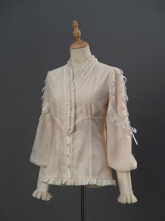 Chemise à manches longues à volants beige et bleu à col croisé
