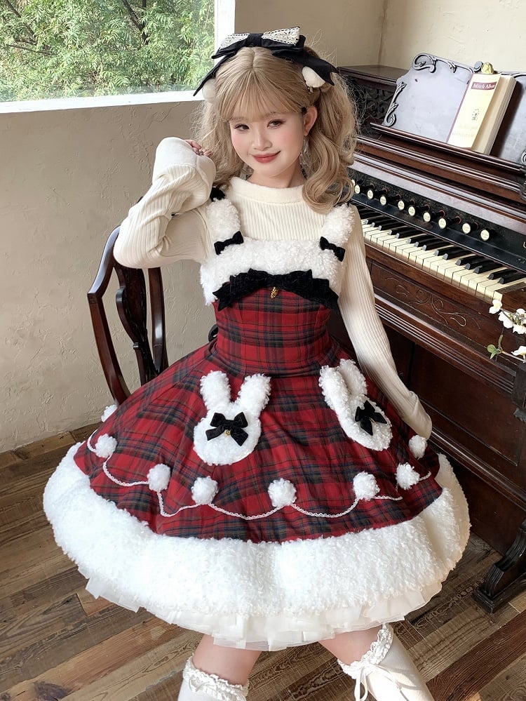 Red Plaid Pattern Winter Bunny Theme Christmas Lolita Dress Plush Neckline and Hemline