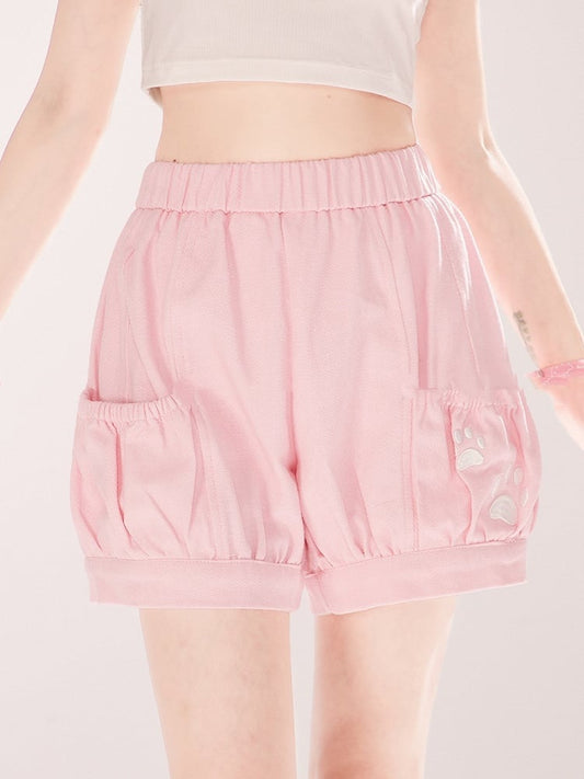 Elastic Waist Shorts Paw Embroidery Pink/Blue/Black Kitty