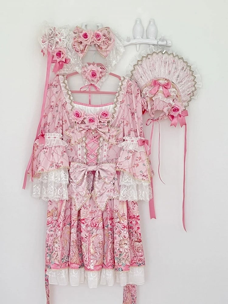 Pink Rosette Print Rococo Fashion Inspired Lolita Dress Square Neckline Bell Sleeves OP / Full Set
