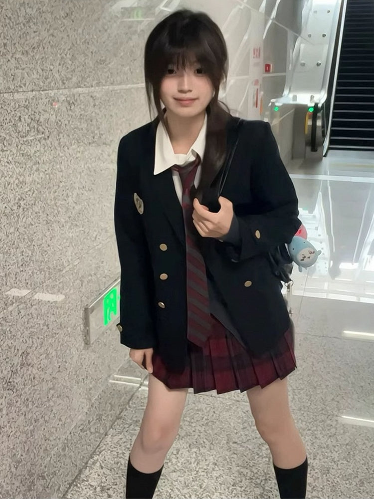 Blue JK Decorated Badge Uniform Dark Preppy Blazer Style