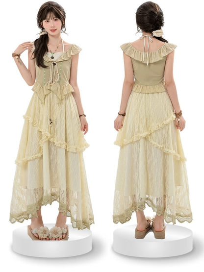 Flutter Sleeves Self-tie Bead Straps Light Hem Curved Green Halter Top
