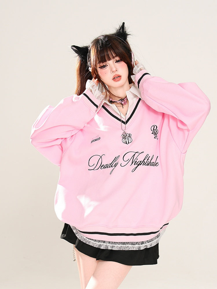 Apricot/Pink Polo Collar Letter Embroidery Spring Loose Sweatshirt Faux Two-pieces