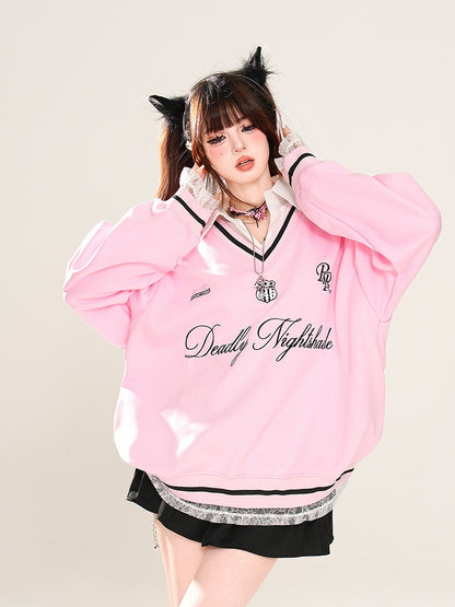 Apricot/Pink Polo Collar Letter Embroidery Spring Loose Sweatshirt Faux Two-pieces