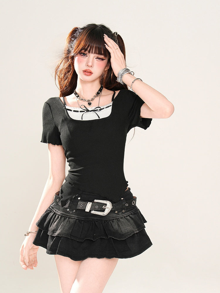 Faux Two-pieces Neckline Curved Hem Black Off-the-shoulder Glamorous T-Shirt