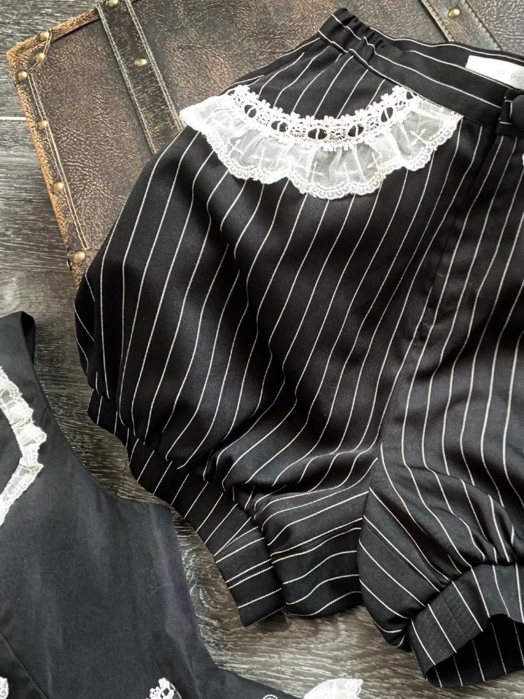 Black and White Ouji Lolita Full Set Shirt + Waistcoat + Shorts + Jabot