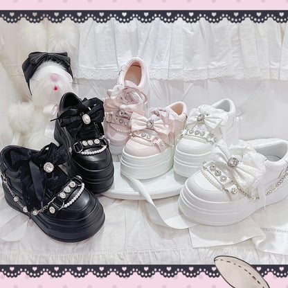 Kei Pink Jirai Top Thick-Sole Sneakers Bow Platform with