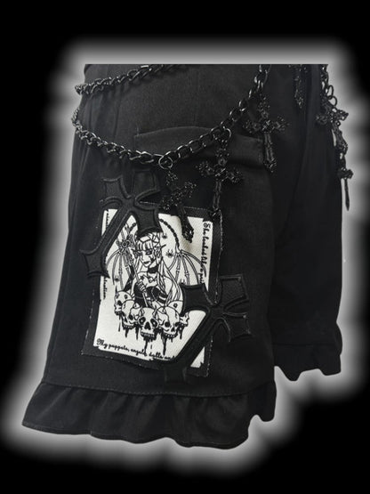 Gothic Black CrossPatches High Waist Ruffle Trim Shorts with Free Waist Chain