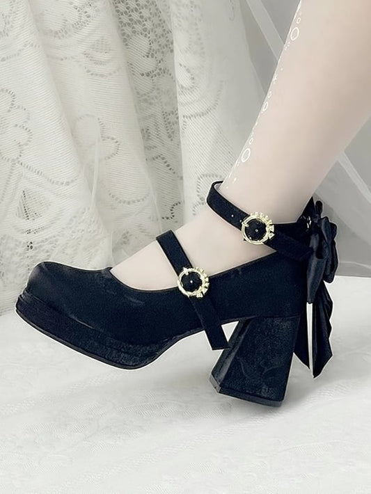Janes Detachable Lily Valley Middle Heels Mary Bowknot of Embroidery the Black