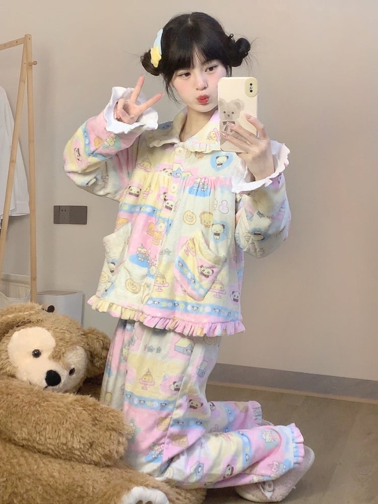 Colorful Peter Pan Collar Thick Pajama Set