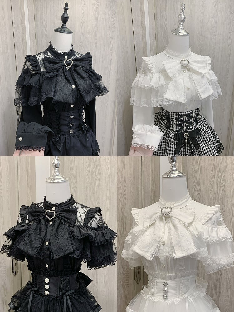 Big Ruffles Black/White Illusion Neckline Tiered Heart Buttons Short Jirai Kei Bow Sleeves Blouse with
