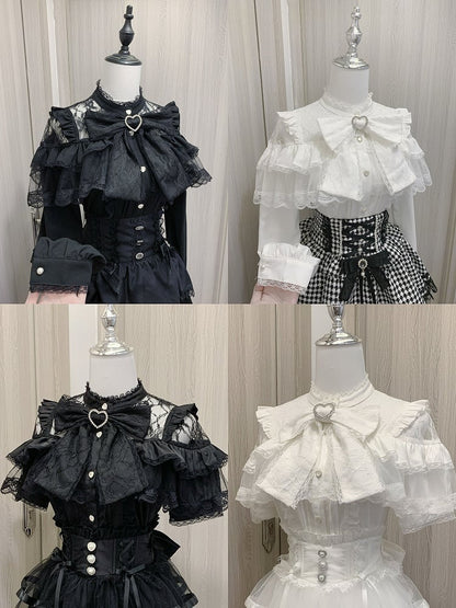 Big Ruffles Black/White Illusion Neckline Tiered Heart Buttons Short Jirai Kei Bow Sleeves Blouse with