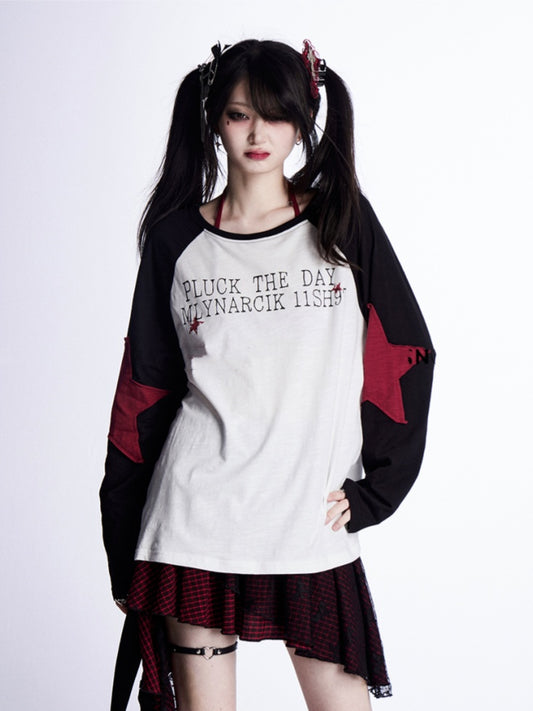 Loose Top Sleeves Black and White Colorblock Design Star Appliques