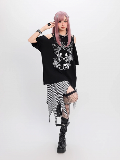 Cat Print Loose T-Shirt Y2K Black Cutout Shoulder Bittersweet