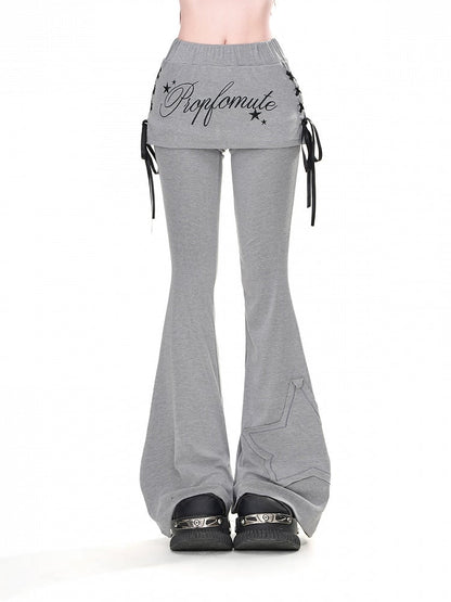 Grey Star Applique Glamorous Flared Pants with Lace-up Detail at Side