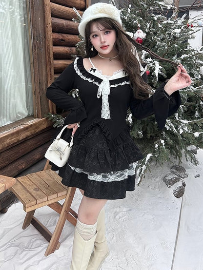 Plus Size Black Fake Two-piece Ruffle Trim V-neck Long Sleeves Top