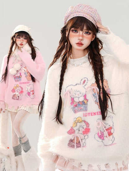 White/Pink Cute Kitty and Bear Distress Trim Mohair Soft Sweater