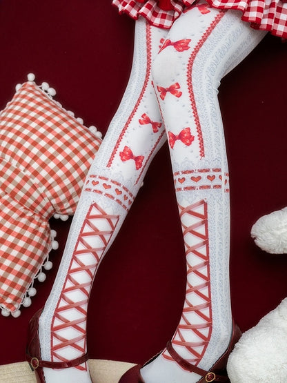 Red/Black Sweet Lolita Bowknot Heart Print Tights