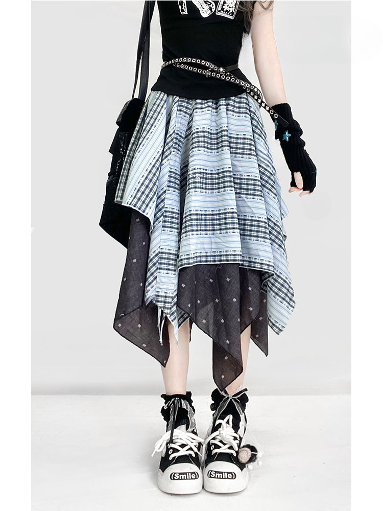 Vintage Dusty Blue Plaid Pattern Handkerchief Hem Glamorous Skirt