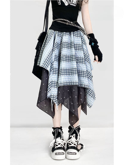 Vintage Dusty Blue Plaid Pattern Handkerchief Hem Glamorous Skirt